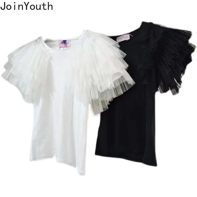 White T Shirts Womens Clothing Patchwork Gauze Tees O-neck Short Sleeve Summer Camisetas 2025 Ropa Mujer Casual Chic Tshirt