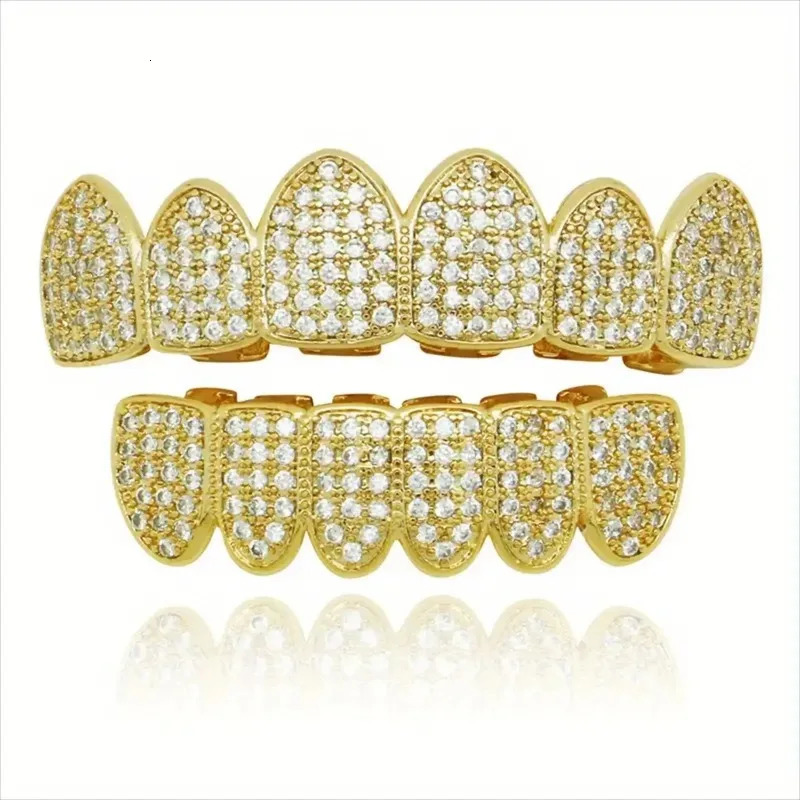 HipHop CZ Teeth Set For Unisex Top Bottom Mouth Gold Silver Color Tooth Cap Removable Dental Fashion Jewelry 250613