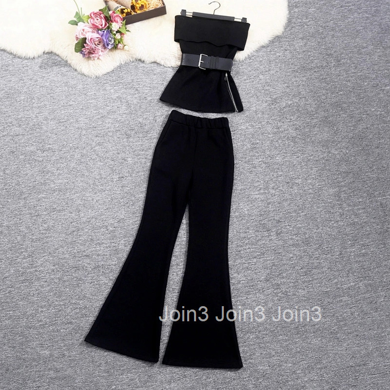 Temperament Womens Clothing 2 Piece Sets Pants Outfits Roupas Femme Slash Neck Tunix Zipper Vest High Waist Flare Pants Suit