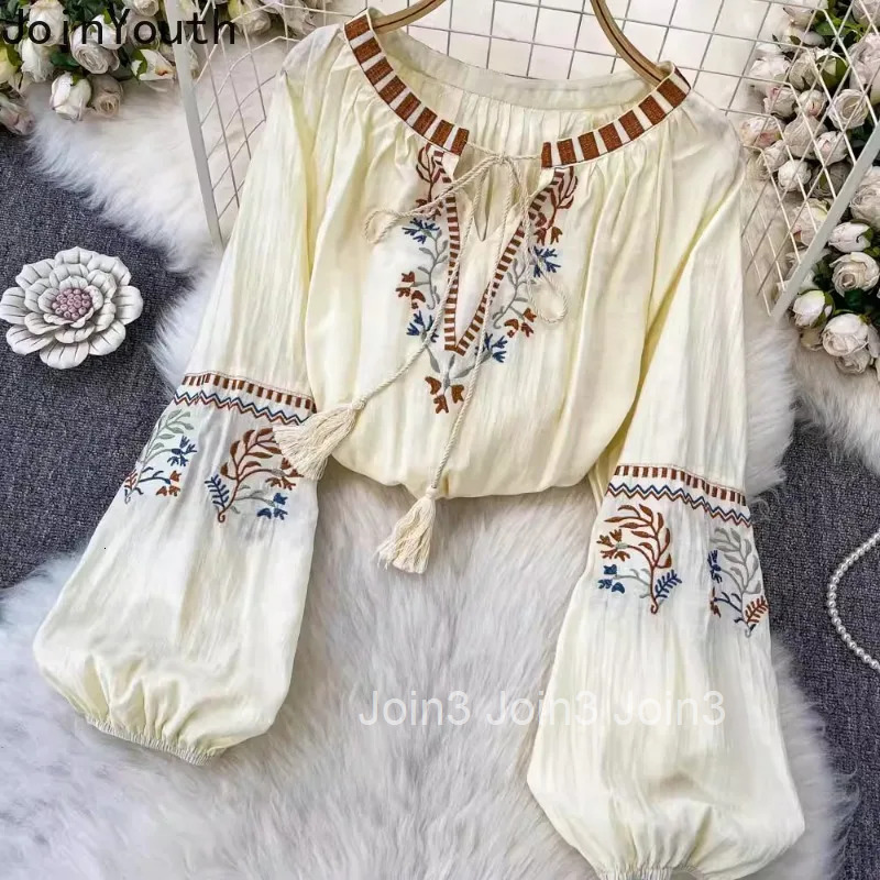 2025 Camisas De Mujer Vintage Blouses Womens Clothing O-neck Long Sleeve Loose Shirts Embroidery Chic Summer Blouse Tops 63e162