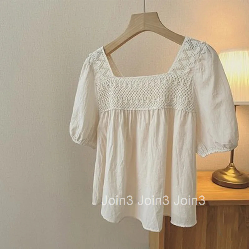 Summer Blouse Women Square Collar Short Sleeve Loose Shirts 2025 Blusas De Mujer Vintage Loose Blouses Hollow Out Korean Tops