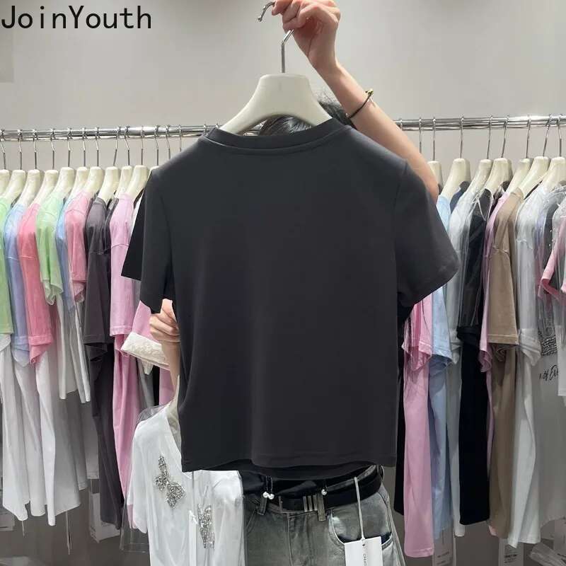 Summer Woman T Shirts Crop Tops Sweet Korean Tees Short Sleeve O-neck Slim Fit Camisetas Beading Butterfly Tshirts Ropa Mujer