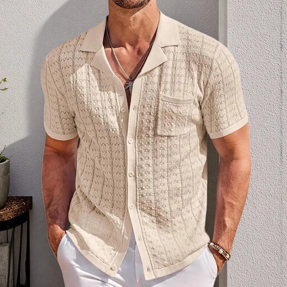 Fashion Men Polo Shirt Light Business Leisure Knitted Cardigan Buttoned Retro Tops Solid Color Short Sleeve Knitwear 250619