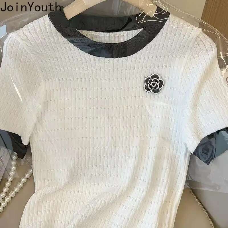 Knitted Woman Tshirts Ropa Mujer Short Sleeve O-neck Summer Tees Loose Fashion Korean T Shirt Crop Tops 2025 Shirts for Women