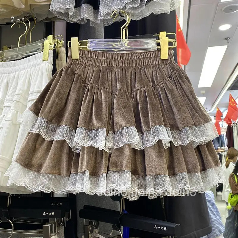 Patchwork Lace Velvet Skirts Women Sweet A-line Jupe 2224 Faldas Mujer De Moda Hig Waist Sweet Saia Lolita Style Cute Mini Skirt