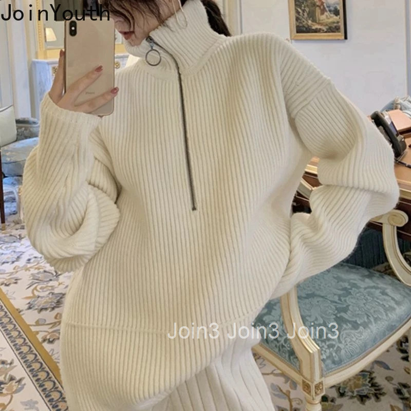 Knitted Women Piece Sets Roupas Femme Half Zipper Oversized Pullovers Straight Wide Leg Pants Suit Fashion Casual Korean Outfits