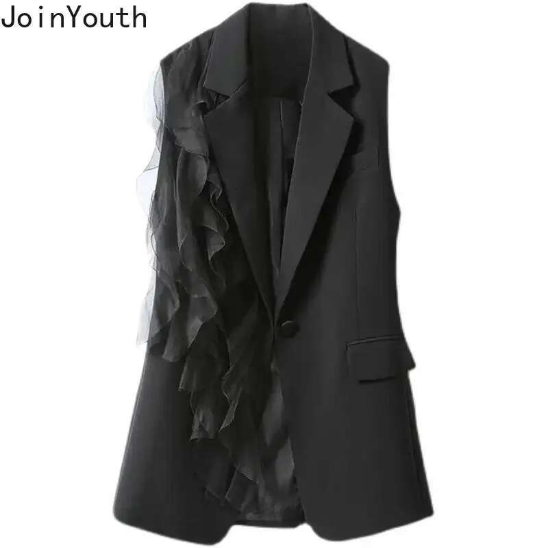 Black Vest Sleeveless Coat Women Patchwork Chiffon Ruffles Waistcoats Temperament Tops Chic Korean Tanks Chalecos Para Mujer