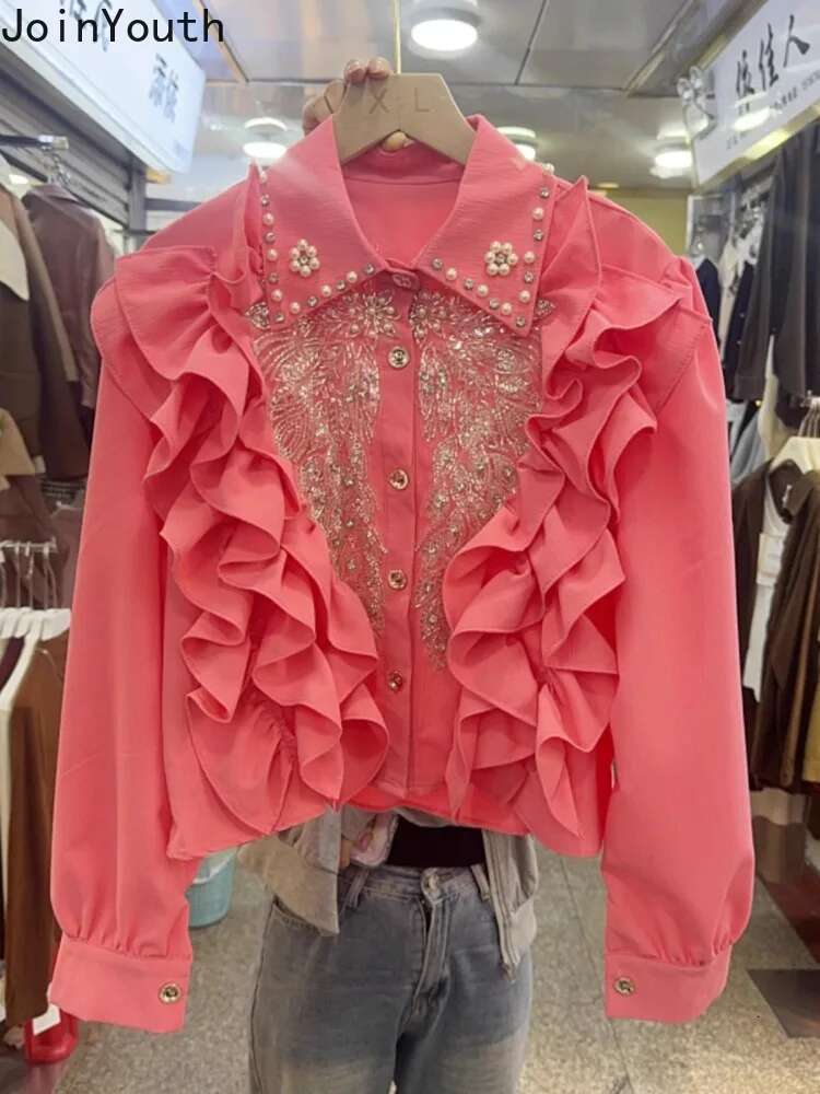 Blouses Women Temperament Lady Tops Stand Neck Long Sleeve Shirts Camisas De Mujer Hollow Out Ruffles Embroidery Sequin Blouse