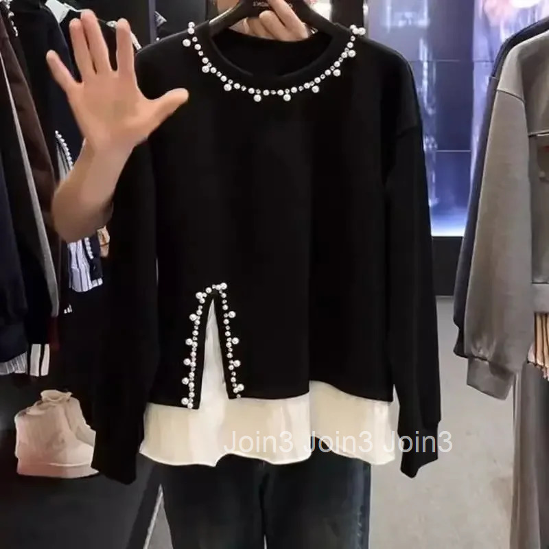 Fake Two Hoodeis 2025 Women Clothes Heavy Beading O-neck Patchwork Y2k Tops Ropa Mujer Contrast Color Fashion Casual Sweatshirts