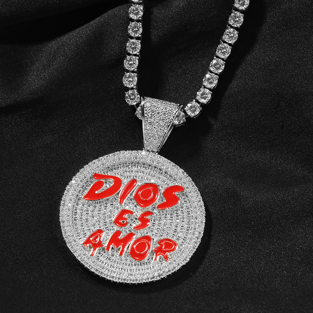 Bling Letter Disk Round Pendant Necklace Diamond Studded Hip-hop Necklace Ins Street Mens Fashion Accessories Wolf Tide Rapper Hip Hop Punk Rock Jewel
