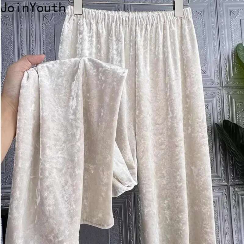 Temperament Wide Leg Pants Womens Clothing 2025 New Bottom Straight Tunic Trousers High Waist Vintage Velvet Pantalon Femme