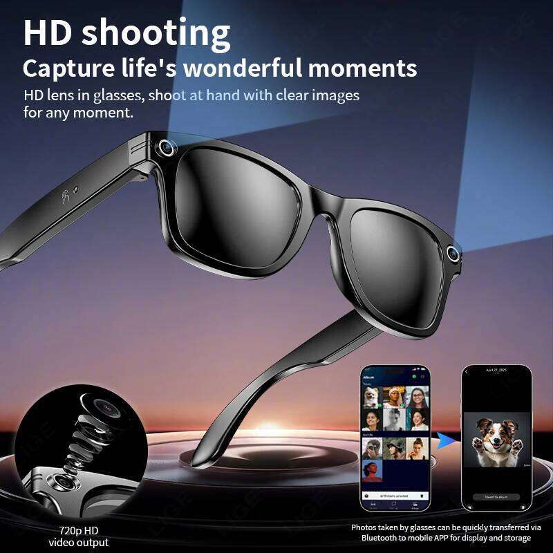 LIGE Camera Smart Music Glasses Make Receive Call Bluetooth Headset Recording Photo Recognition Anti Blue Light UV Sunglasses