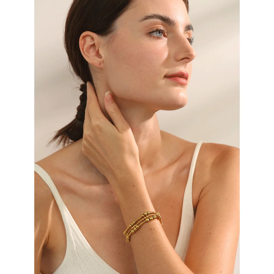 Yhpup 3456 MM Stainless Steel Beads Daily Handmade Elastic Bracelet Bangle Waterproof Wrist Wholesale Gold Color Jewelry Men 250606