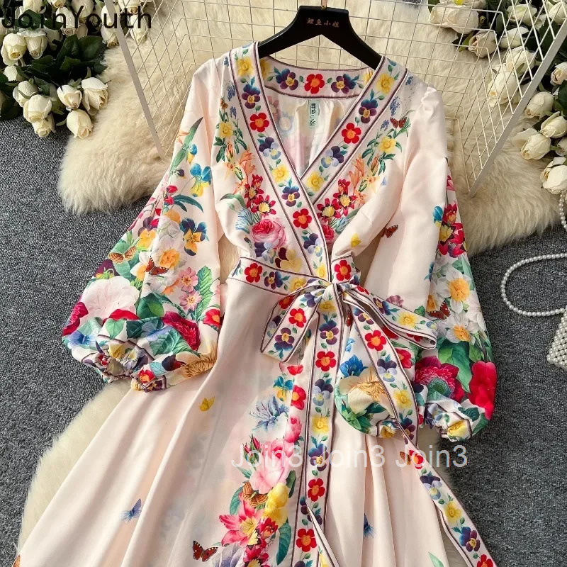 Summer Woman Dress 2025 Vestidos De Mujer V-neck Bandgae Lantern Sleeve Big Swing Elegant Robe Femme Vintage Floral Maxi Dresses