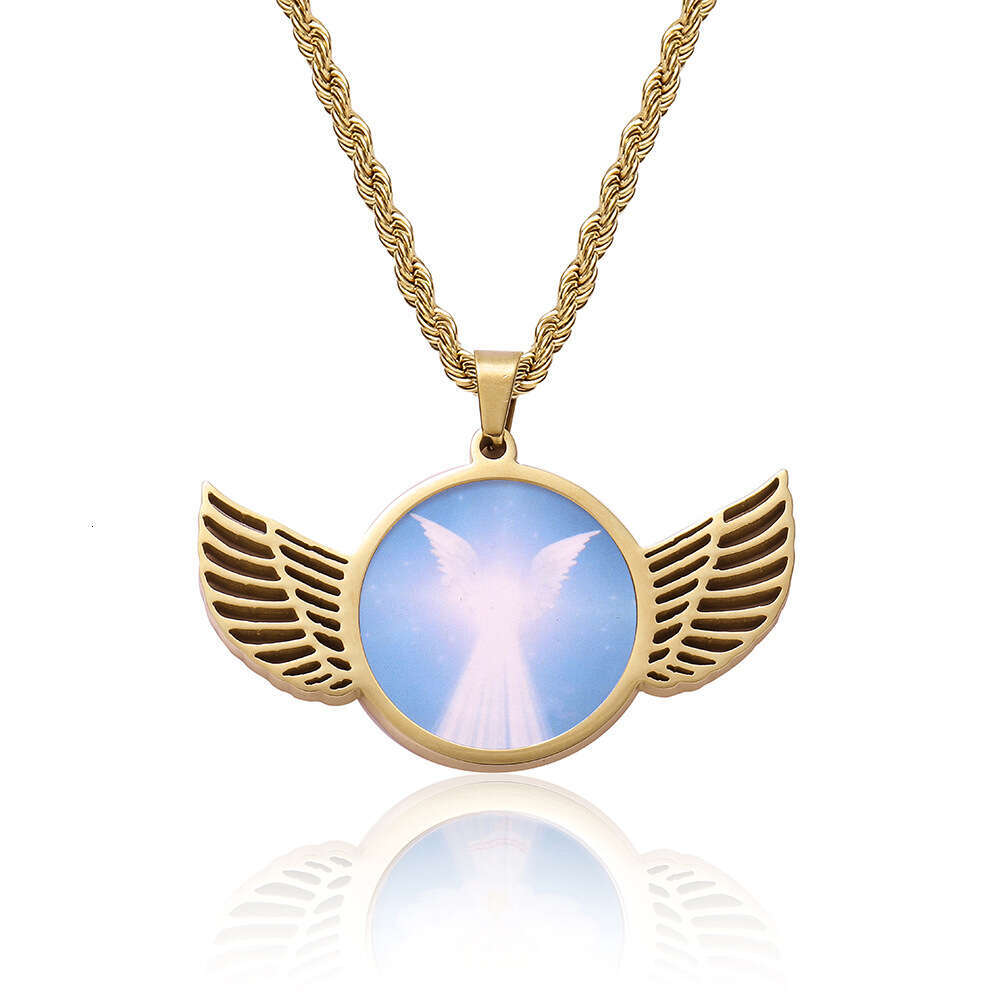 Hip Hop Stainless Steel Photo Pendant DIY Creative Wings Round Frame Men's Necklace Jewelry e310