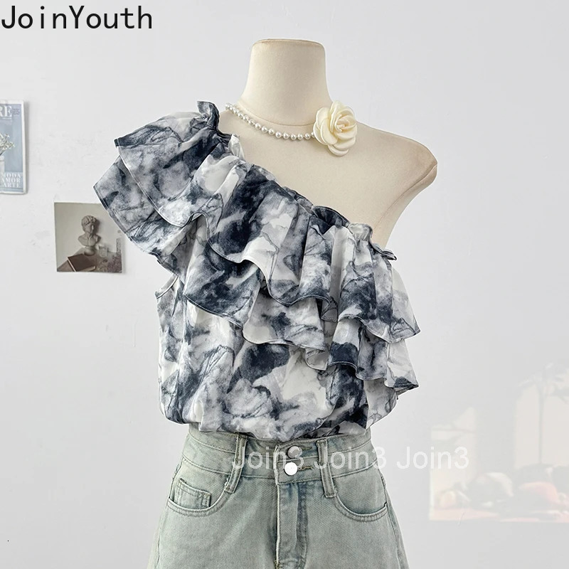 Tie-dye Ruffles Blouses Womens Clothing Off Shoulder Summer Shirts Skew Neck Crop Tops 2025 Blusas Mujer De Moda Folds Blouse