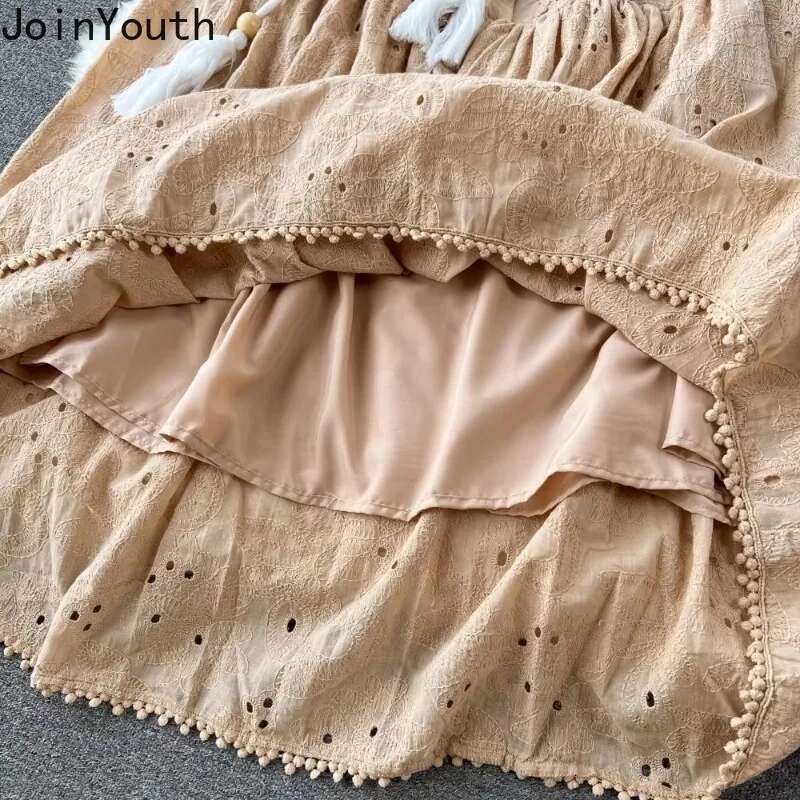 2025 Vestidos De Mujer Tunic Stand Collar Lantern Sleeve Dresses Sweet Heavy Embroidery Crochet Hollow Out Vintage Dress Women
