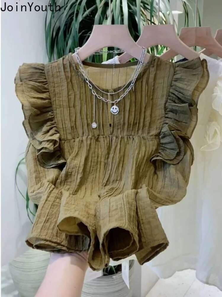 White Blouses for Women 2025 Blusas Mujer De Moda Sleeveless O-neck Loose Shirts Ruffles Loose Vintage Summer Blouse Tops Female