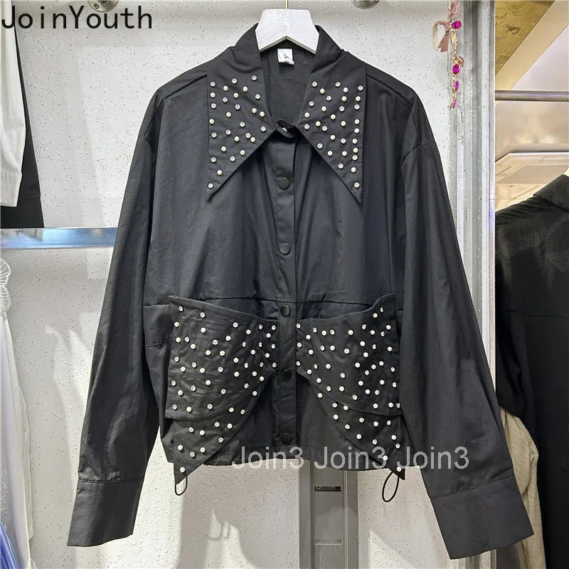2025 Camisas De Mujer Korean White Blouse Womens Clothing Bow Folds Beading Diamond Shirt Loose Fashion Blouses Tops Female