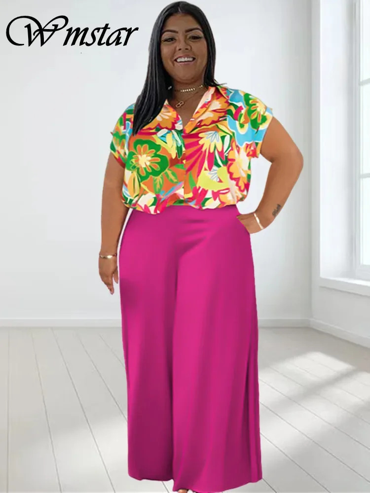 Wmstar Plus Size Two Piece Sets Women Clothing Printed T-shirts Tops and Solid Pants Wide Leg Pockets Wholesale Dropshopping 250617
