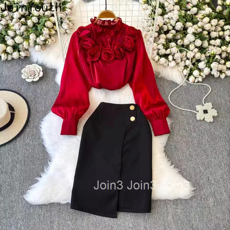 Womens Clothing 2 Piece Sets Womens Outfits 3D Floral Lantern Sleeve Shirt High Waist Bodycon Skirt Outfits Temperament Suit