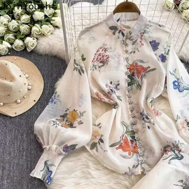 Floral 2 Piece Sets Womens Clothing Long Sleeve Single Breasted Blouse High Waist A-line Skirt Outfits Vintage Chic Korean Suit