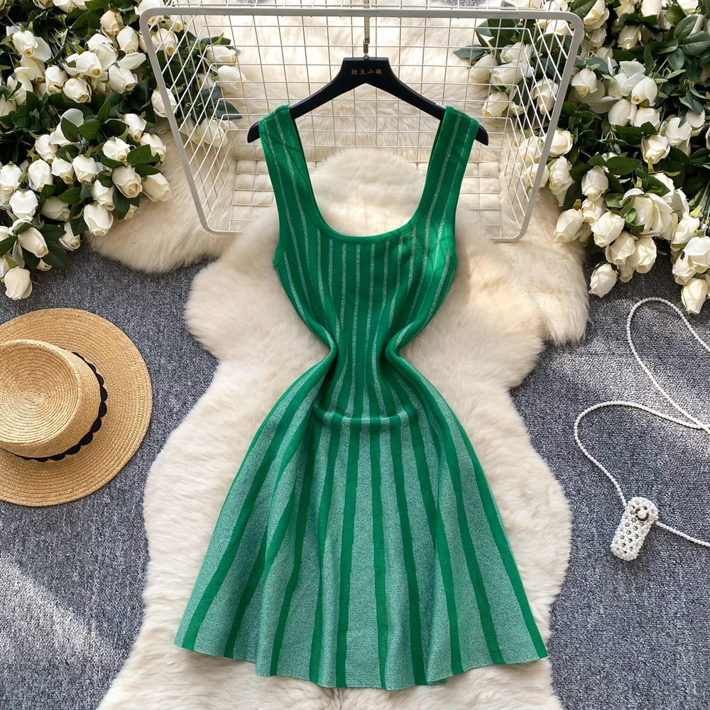 YuooMuoo Fashion A-line Short Knitted Dress Women Y2K Slim Waist Bling Party Dress Korean Aesthetic Summer Dresses 250617