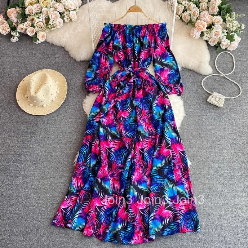 2025 Vestidos De Mujer Elegant Dresses for Women Slim Waist Slash Neck Floral A-line Robe Femme Off Shoulder Summer Chic Dress