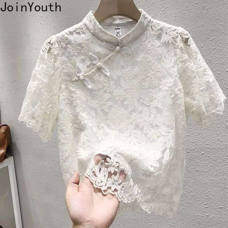 Chiffon Lace Blouse Women Short Sleeve Stand Neck Vintage Shirts 2025 Blusas Mujer De Moda Korean Summer Blouses Tops Femme