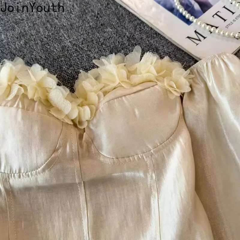 Blouse Women Sexy Slash Neck Long Sleeve Crop Tops 2025 Camisas De Mujer Solid Color Fashion Korean 3D Floral Blouses Shirts