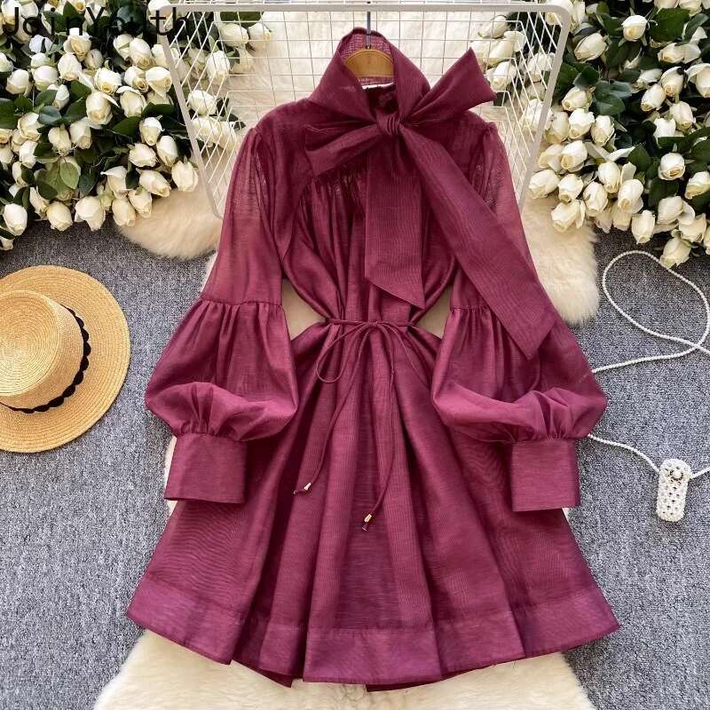2025 Vestidos De Mujer Chic Dress for Women Solid Color Vintage Temperament Robe Femme Lantern Sleeve Bandage A-line Dresses
