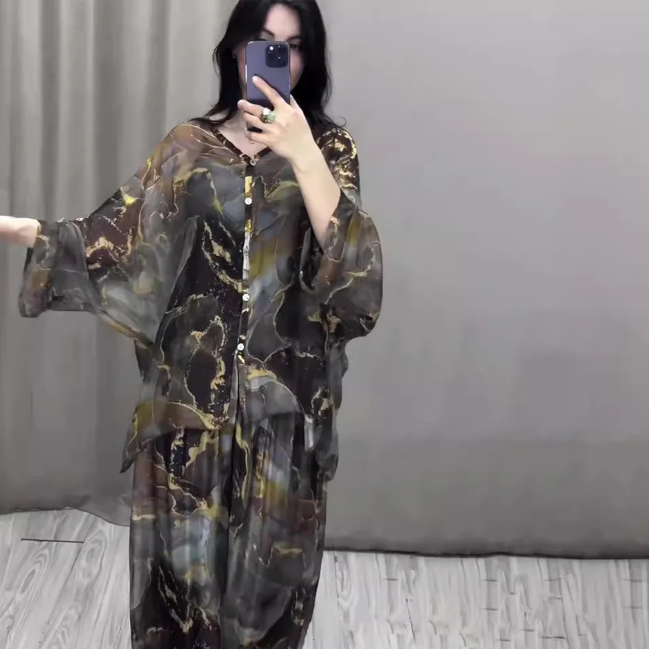 Muslim Two Pieces Print Sets Dubai Abaya Women Buttons Shirts Tops Wide Leg Pants Kaftan Islam Ramadan Morocco Turkish Outfits 250617