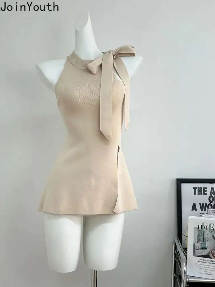 O-neck Sleeveless Bandage Tank Womens Clothing Solid Color Slim Fit Camis Knitted Split Summer Sexy Vest Tops 2025 Ropa Mujer