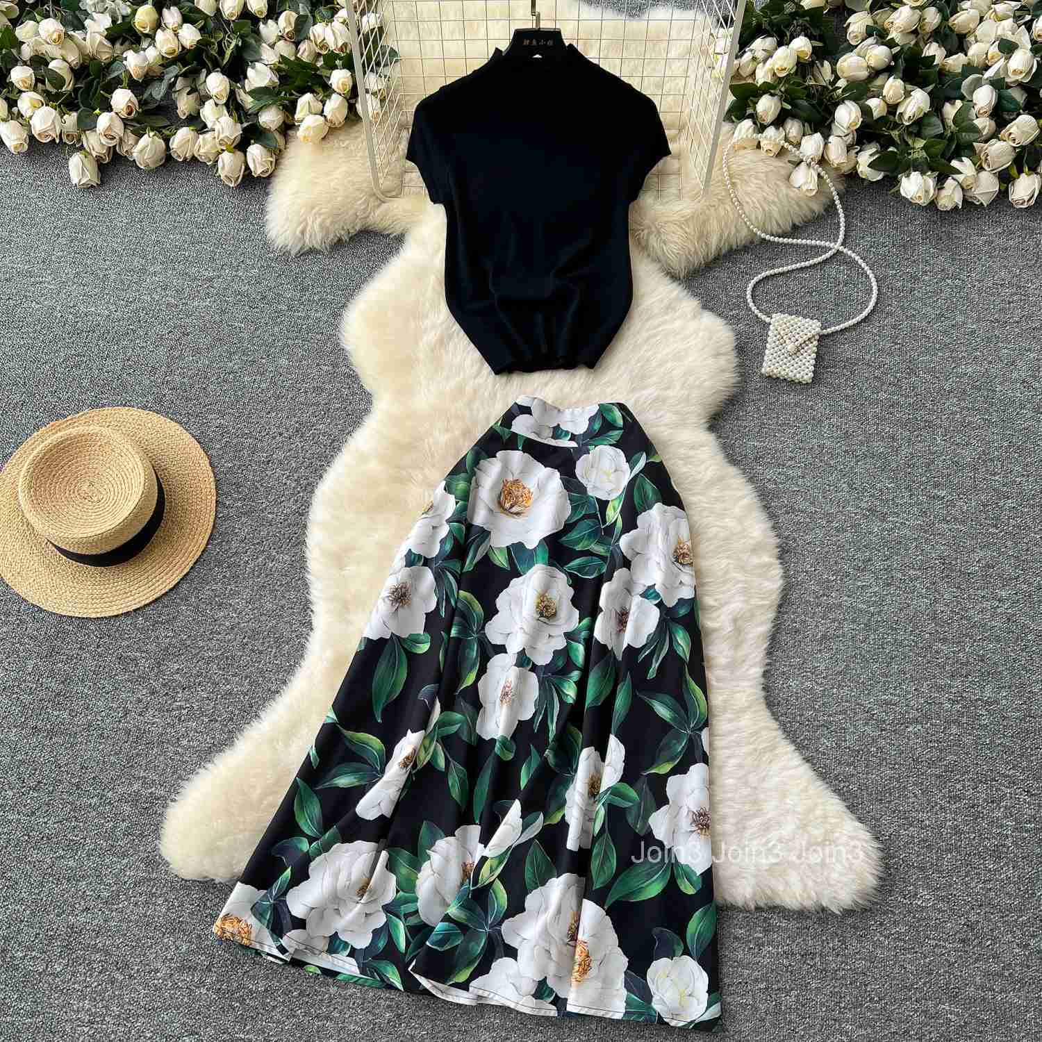 Sweet Women Clothes Skirt Outfits 2 Piece Sets Knitted Short Sleeve Tops High Waist A-line Floral Skirts Suit Fashion Summer Set