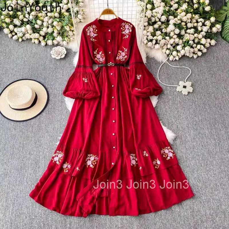 Vintage Dresses Women Clothing Lantern Sleeve Single Breasted O-neck Robe Femme A-line Big Swing Floral Embroidery Maxi Dress