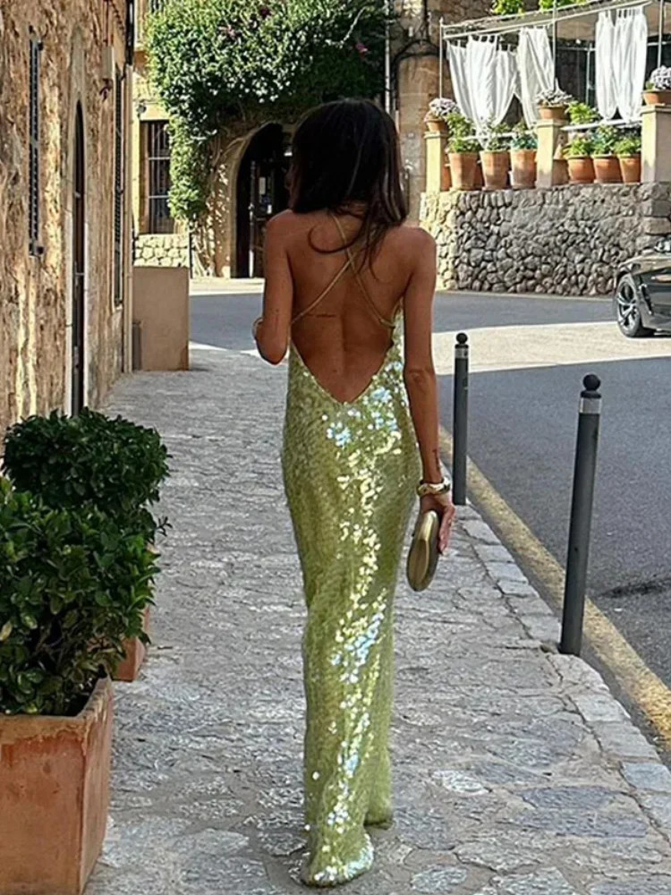 Sexy Women 2025 Summer Green Shiny Sequin Maxi Dresses Fashion U Neck Off Shoulder Backless Robe Lady Beach Vacation Party Gowns 250617