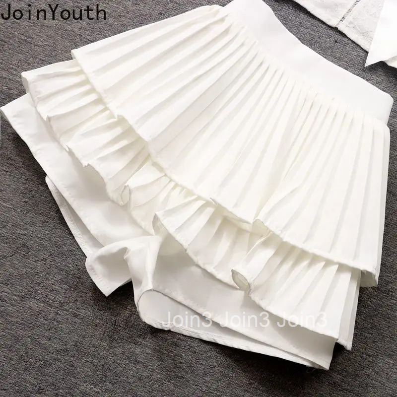 3 Piece Sets Womens Outfits Fashion Summer Skirt Suit Long Sleeve Crop Coat Lace Sexy Vest High Waist Pleated Mini Skirts Set