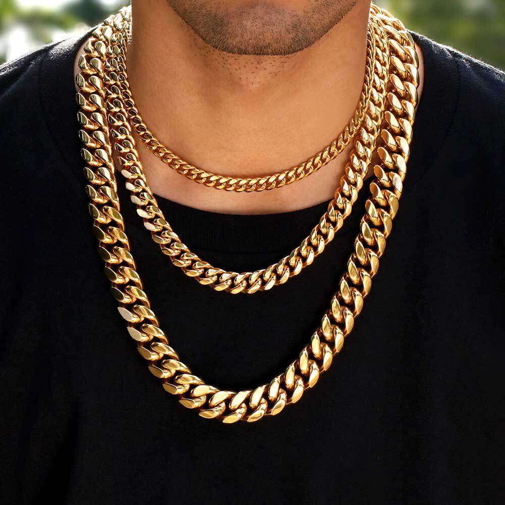Jewelry Stainless Steel Miami Hip Hop Cuban Chain Zircon Flip Clasp Men's Necklace Bracelet 8c01