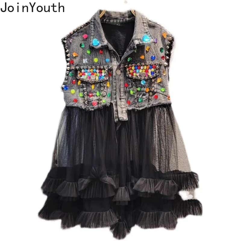 Denim Vest Coat Sleeveless Patchwork Gauze Waistcoats Y2k Tops Heavy Diamond Tanks Casual Fashion Korean Chalecos Para Mujer