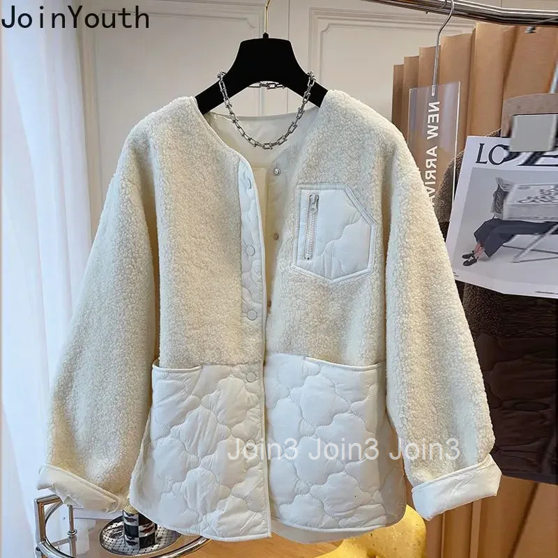 Fashion Jackets Winter Clothes Women O-neck Patchwork Lamb Wool Outwear Oversized Tops Casual Thicked Y2k Coats 2025 Ropa Mujer