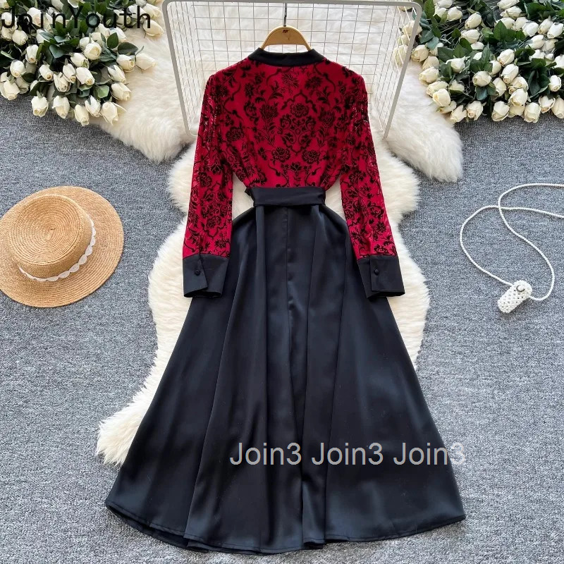 Temperament Robe Femme Maxi Dresses Chic Women Clothing 2025 Vestidos De Mujer V-neck Flocking Floral High Waist Bandage Dress