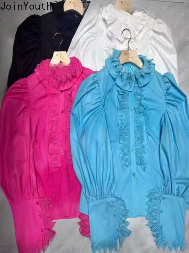 2025 Blusas Mujer De Moda Vintage Blouses Womens Clothing Puff Sleeve Patchwork Lace Shirts Loose Solid Color Temperament Tops