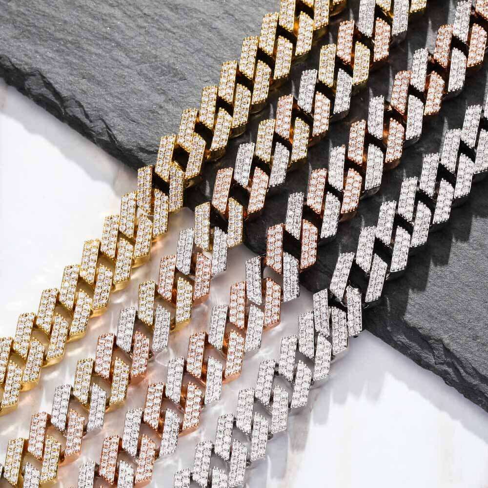 Jin Ao Hip-Hop Men's Necklace 14MM Dia-Shaped Cuban Chain Inlaid with Zircon Personality Trend Full Dia Bracelet Jewelry