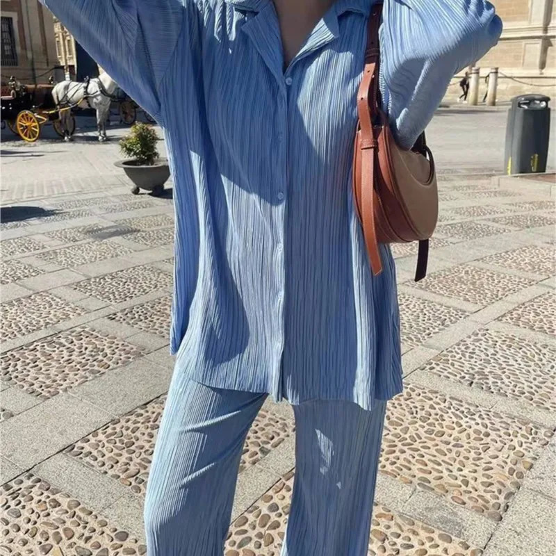 Two Piece Set Women Outfits Pleated Womens Elegant Drape Loose Sets Shirt High Waist Trousers Female Suit Fashion Casual 250617