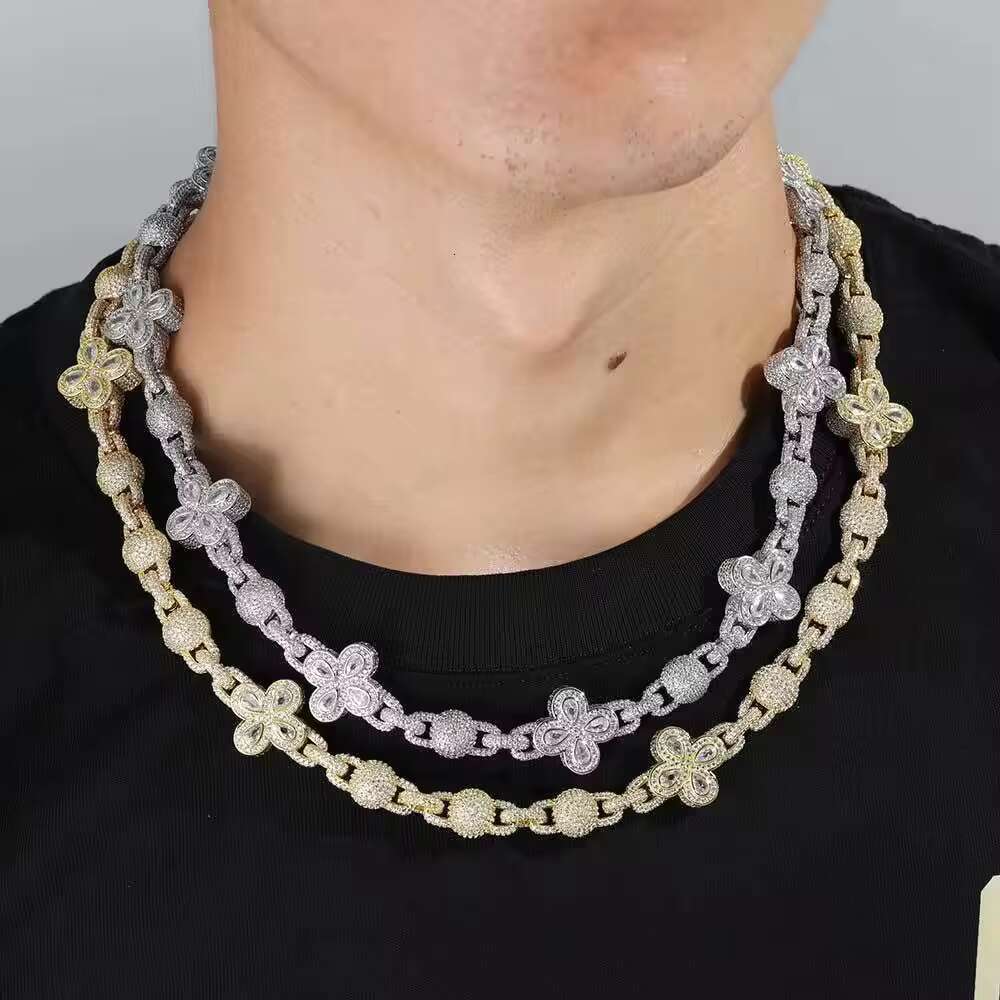 Hot Sale Hip Hop Full Bubble Bead Necklace Chain Four Leaf Clover Jewelry Men Necklace Accessories Cuban Necklace for Men