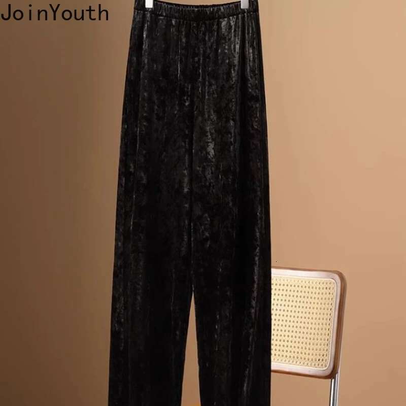 Temperament Wide Leg Pants Womens Clothing 2025 New Bottom Straight Tunic Trousers High Waist Vintage Velvet Pantalon Femme