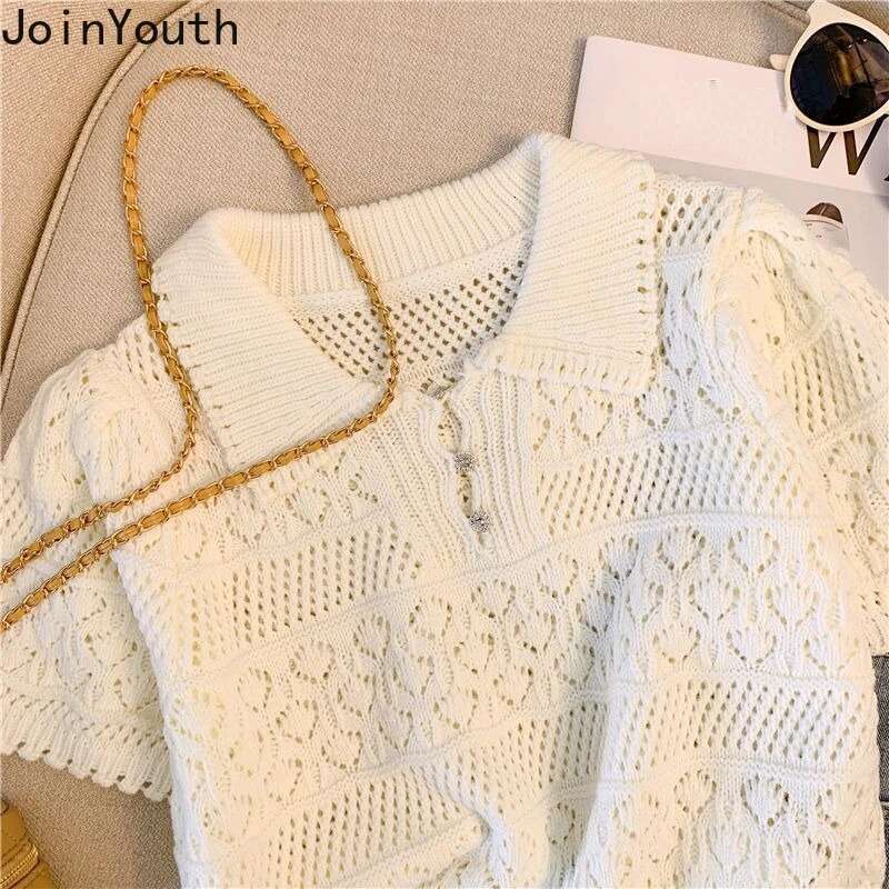 Hollow Out Knitted T Shirts for Women Turndown Collar Short Sleeve Tees 2025 Ropa Mujer Casual Fashion Summer Korean Tshirt Tops