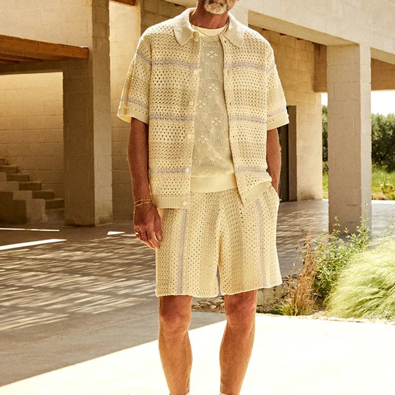 2025 Summer Mens V-neck Short-sleeved Cardigan Shorts Suit Fashion Knitted Hollow Out Breathable Two-piece Beach Male Suits 250619