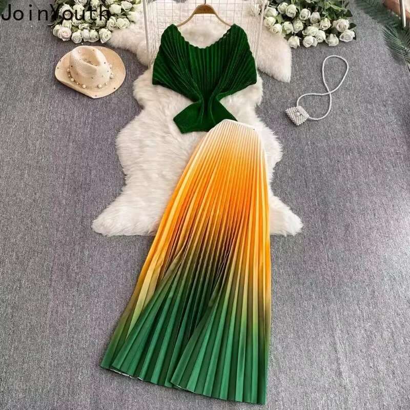 Summer Women Clothing Vintage 2 Piece Set Skirt Outfits Roupas Femme Short Sleeve Irregular Tops Gradient Pleated Skirts Suit
