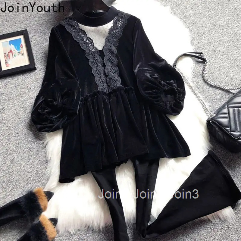 Velvet Blouses for Women Patchwork Lace Stand Neck Lantern Sleeve Black Shirts 2025 Camisas De Mujer Vintage Korean Tops Female